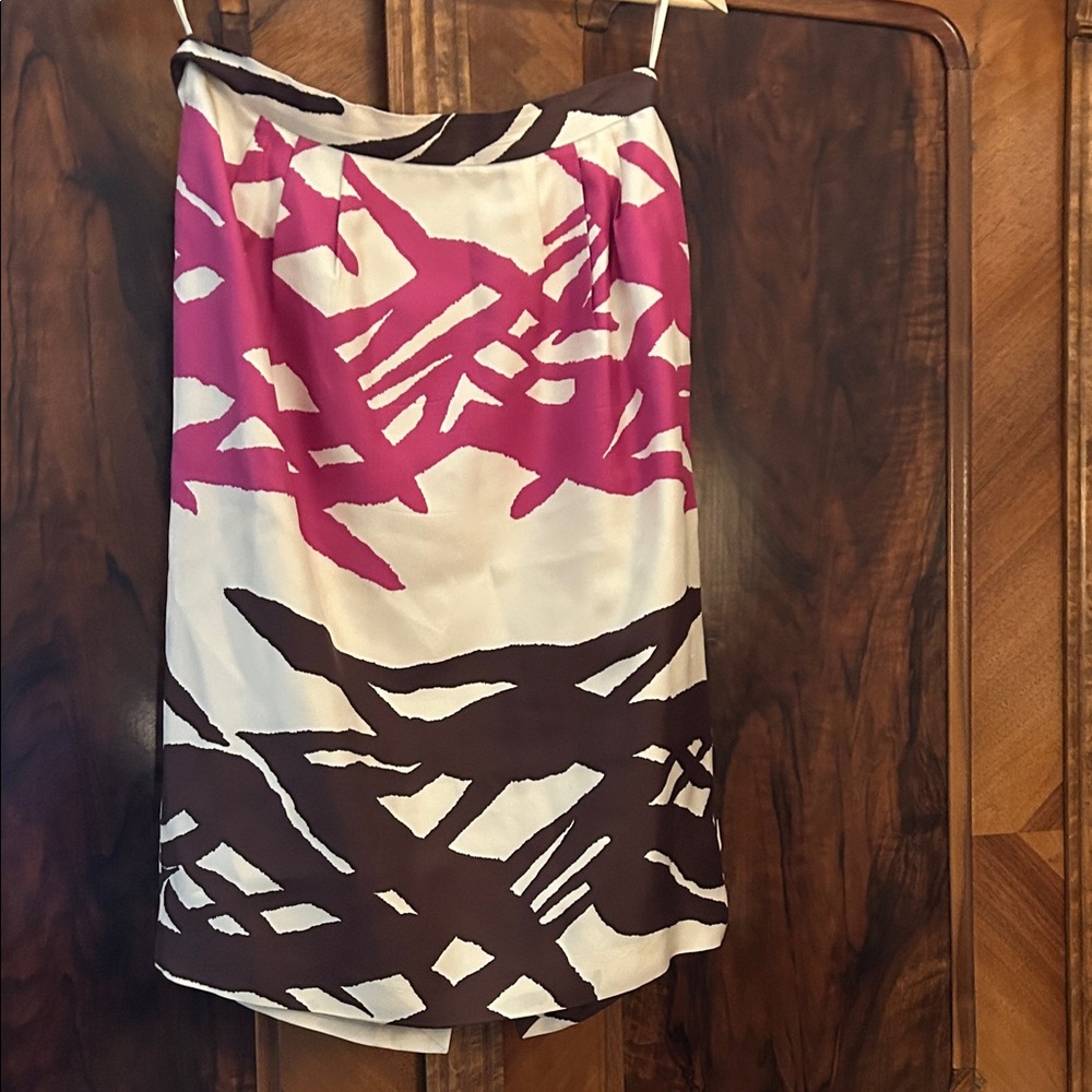 Barneys New York Pink, Brown & White Abstract Silk Skirt